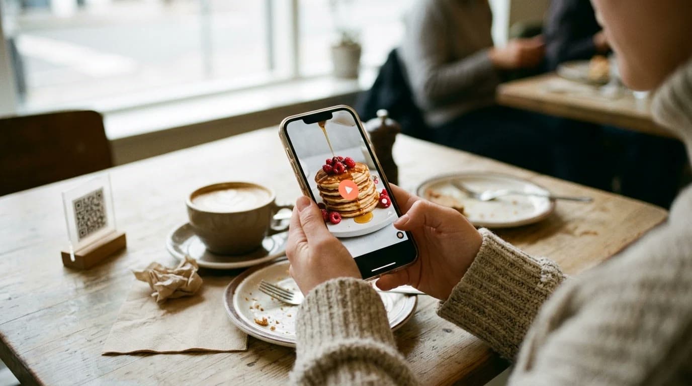 Illustrazione 3D isometrica soft del Menù Reel: smartphone verticale con la clip di un piatto fumante e un QR code su un tavolino, palette coral e crema