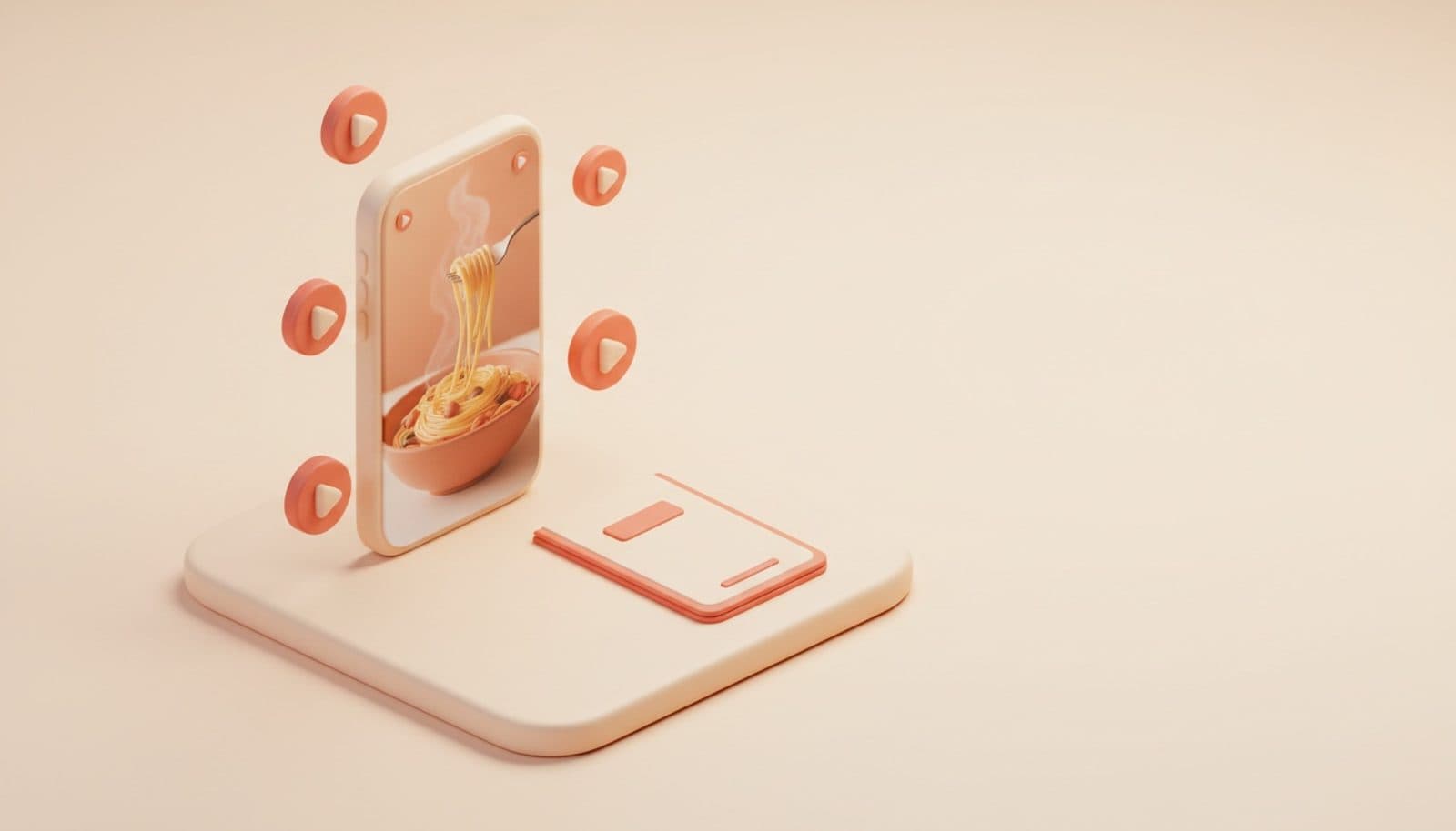 Illustrazione 3D isometrica soft di un menù video ristorante: smartphone verticale su un tavolo che riproduce la clip di un piatto di pasta fumante accanto a una carta di carta chiusa, palette coral e crema