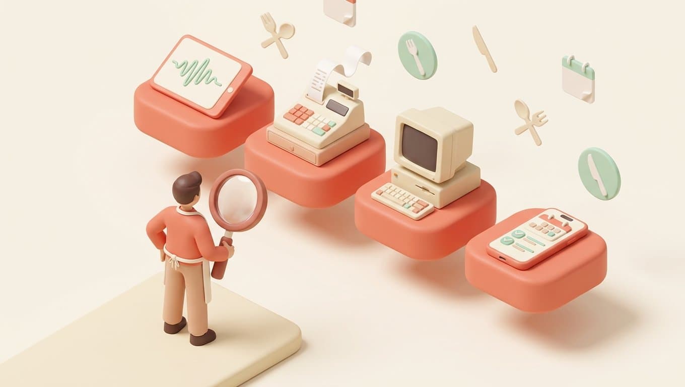 Illustrazione 3D isometrica soft sulla scelta del miglior gestionale per ristoranti: un ristoratore con lente d'ingrandimento confronta quattro podi con tablet con chiamata vocale, cassa con scontrino, terminale desktop e smartphone con calendario prenotazioni, palette coral e crema
