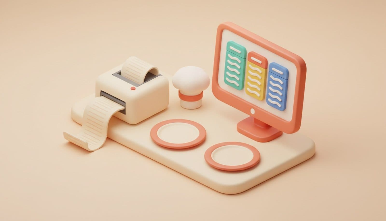 Illustrazione 3D isometrica soft sul monitor KDS in cucina: schermo con comande a colonne colorate accanto a una stampante termica che accumula una striscia di carta arricciata, palette coral e crema