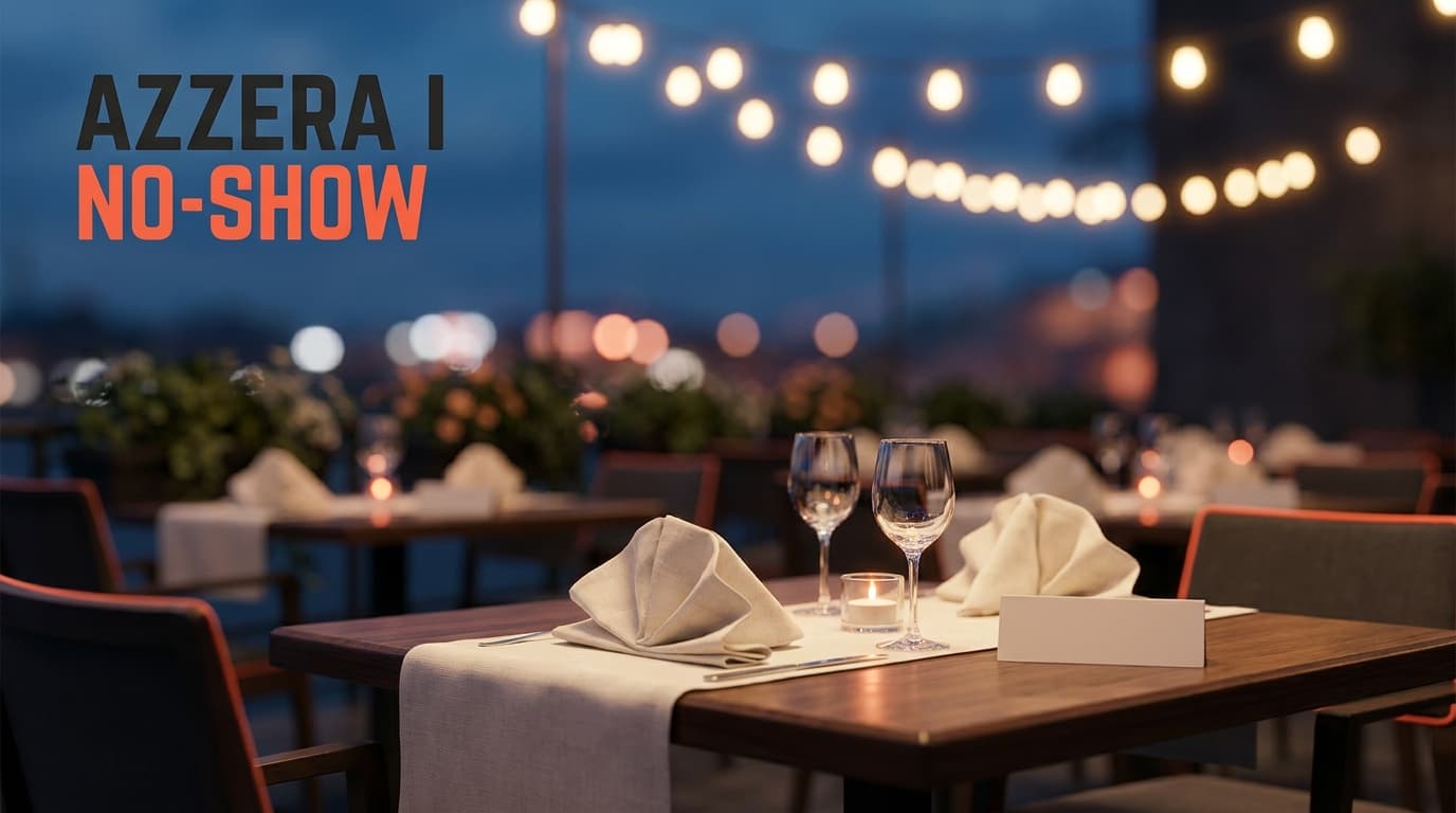 Ridurre i no-show al ristorante: tavolo prenotato e apparecchiato ma vuoto, calendario con campanella di reminder e notifica sul telefono, illustrazione 3D isometrica