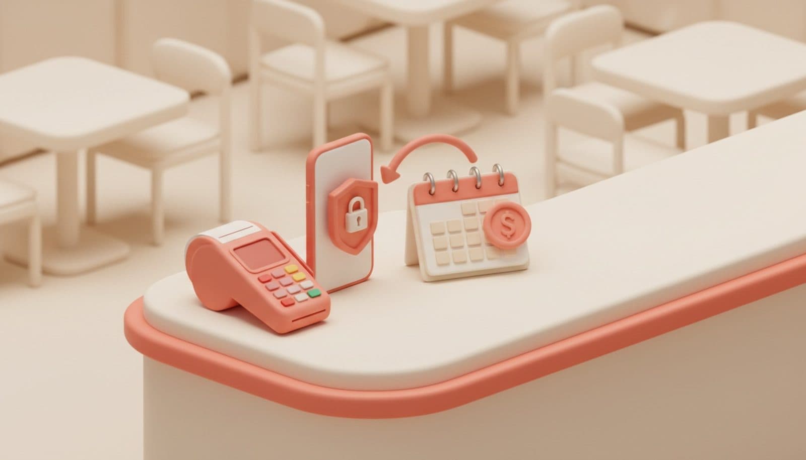 Illustrazione 3D isometrica soft sui pagamenti online per ristorante: terminale di pagamento corallo sul bancone, smartphone con lucchetto di sicurezza e agenda di prenotazioni con la caparra registrata, palette coral e crema
