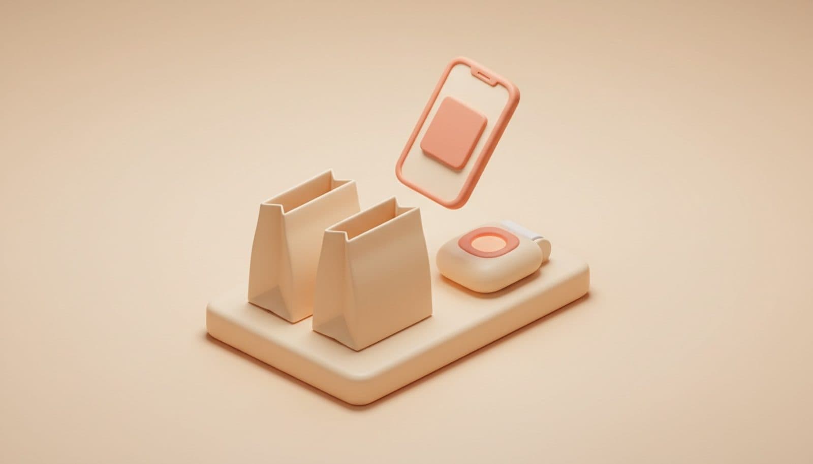 Illustrazione 3D isometrica soft sul pagamento online asporto: bancone del ritiro con due sacchetti pronti, smartphone sospeso con una carta di pagamento corallo e lettore contactless, palette coral e crema