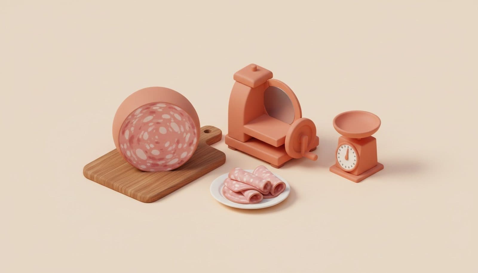 Illustrazione 3D isometrica soft sui piatti con mortadella nel menu: mortadella intera su tagliere di legno accanto all'affettatrice, piatto di fette sottili e tablet con la scheda del piatto, palette coral e crema
