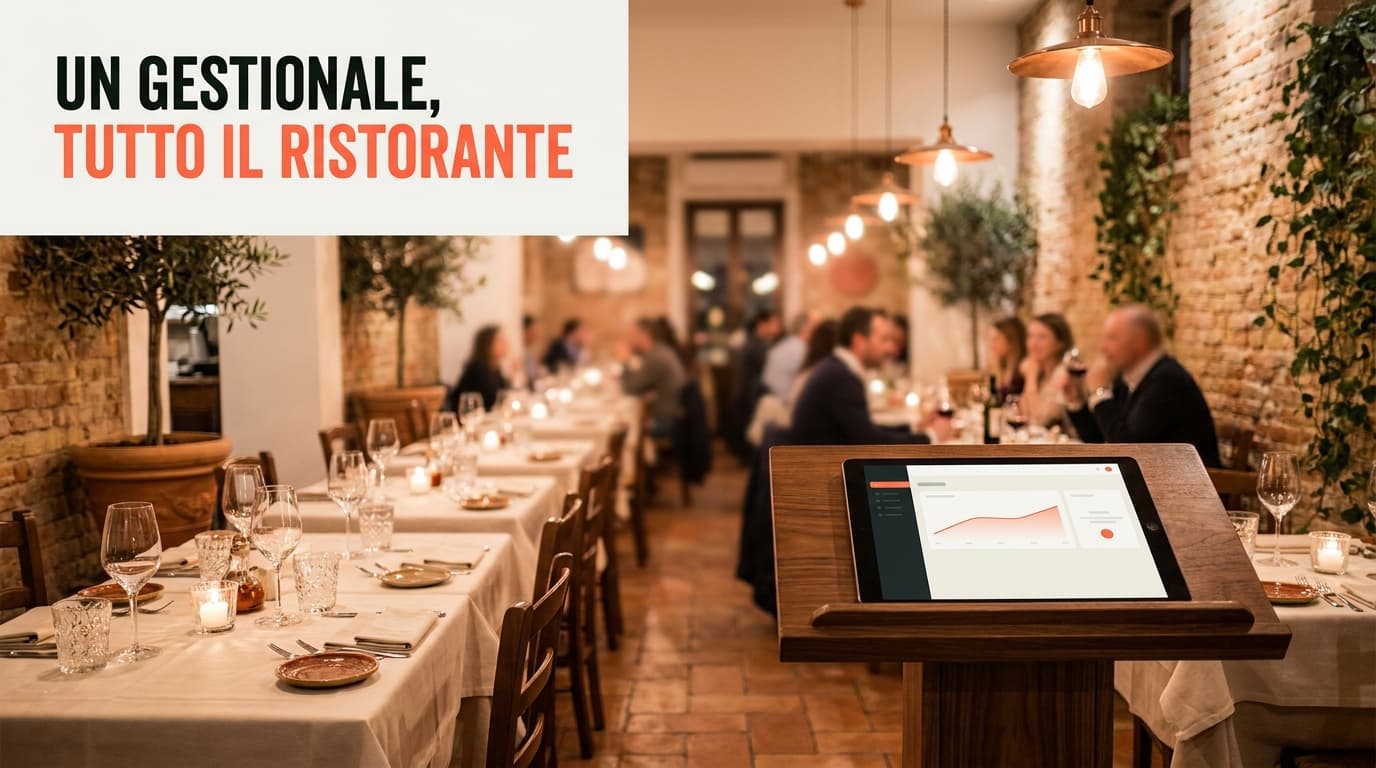 Illustrazione 3D isometrica soft di un gestionale per ristoranti: dashboard con prenotazioni, mappa sala, magazzino e messaggi su un tavolo da ristorante