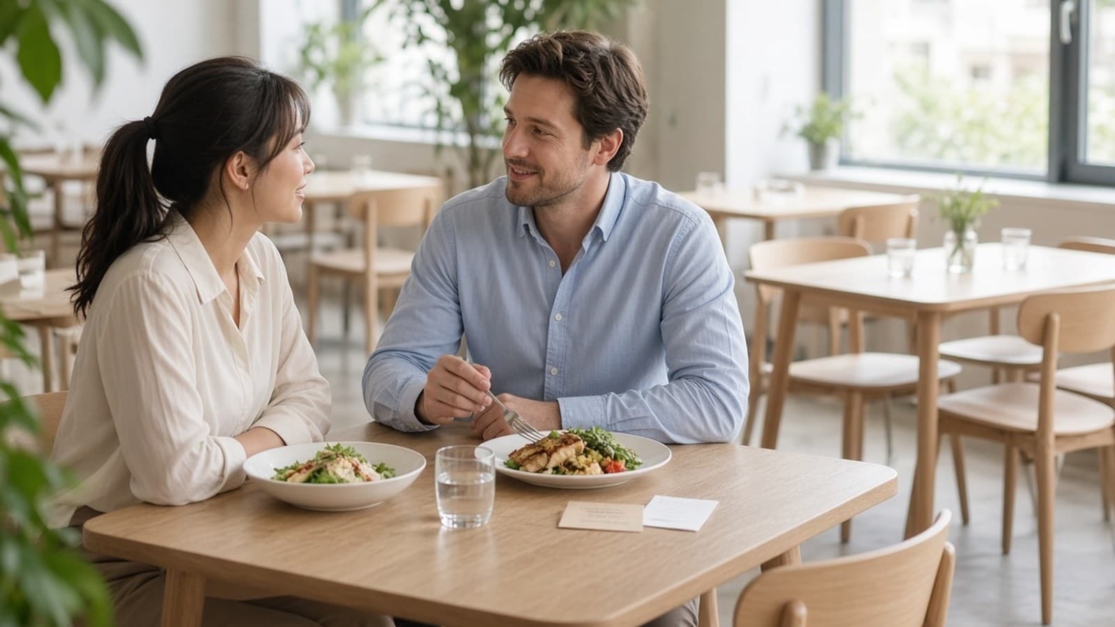 Due lavoratori a pranzo in un bistrot moderno e luminoso, con il buono pasto accanto allo scontrino e i tavoli vuoti dietro: i pranzi al ristorante secondo il Barometro FOOD 2026