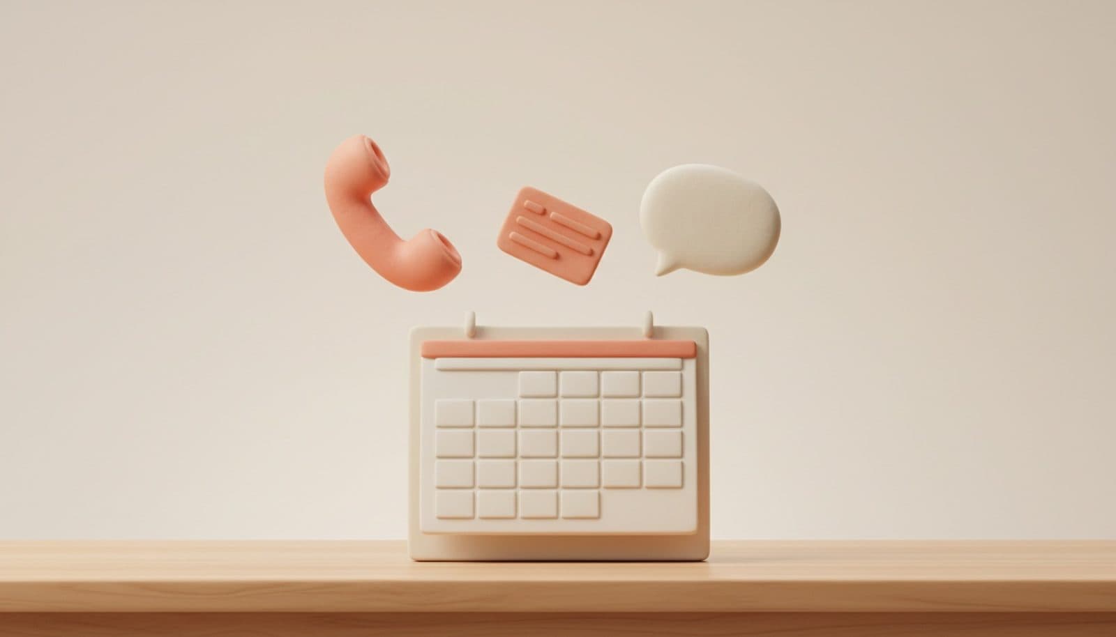 Illustrazione 3D isometrica soft sulle prenotazioni simultanee al ristorante: cornetta del telefono, messaggio e fumetto di chat che convergono su un'unica agenda a calendario sul bancone, palette coral e crema