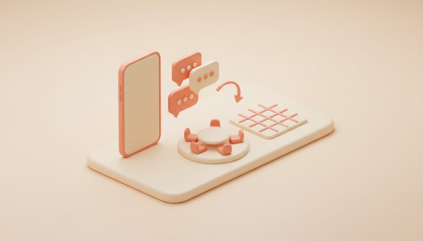 Illustrazione 3D isometrica soft sulle prenotazioni social del ristorante: smartphone con bolle di chat che diventano righe su un'agenda di prenotazioni accanto alla pianta della sala, palette coral e crema
