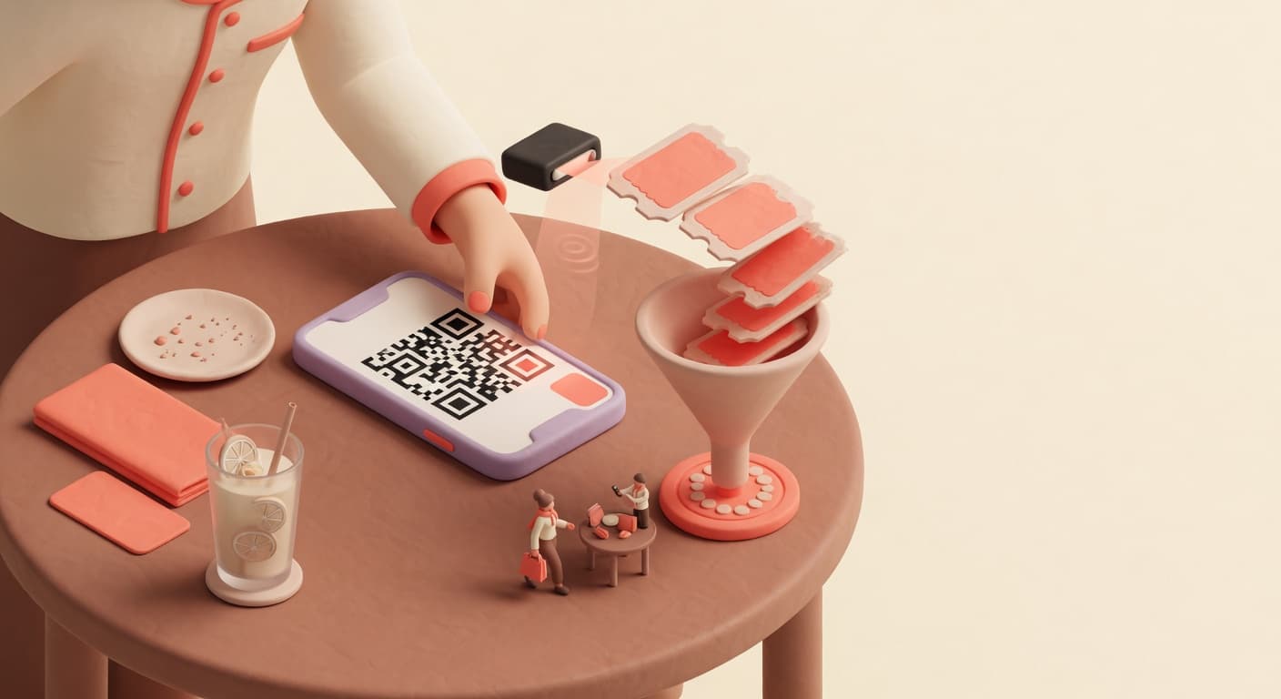 Programma fedeltà ristorante: un cameriere scansiona un coupon QR sullo smartphone di un cliente al tavolo, illustrazione 3D isometrica soft