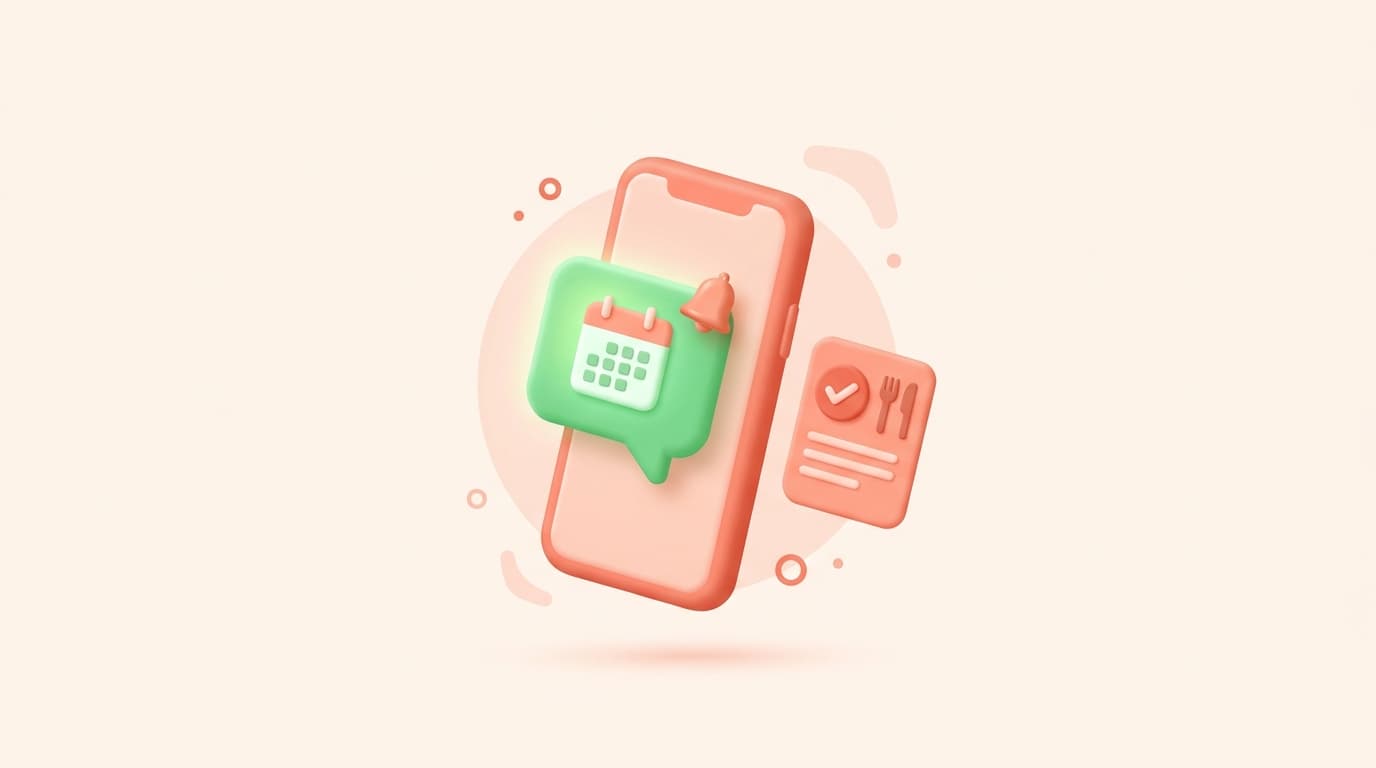 Scena 3D isometrica in coral e cream sul tema promemoria prenotazione WhatsApp: smartphone con bolla chat di promemoria collegata a un calendario con campanella e una card di prenotazione confermata, senza testo