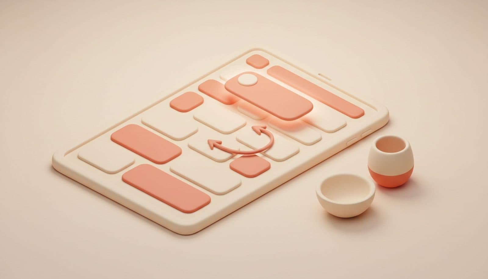 Illustrazione 3D isometrica soft sulla psicologia del menu: tablet con menu digitale a schede arrotondate, una scheda in evidenza sollevata e una freccia morbida che traccia il percorso dell'occhio, palette coral e crema