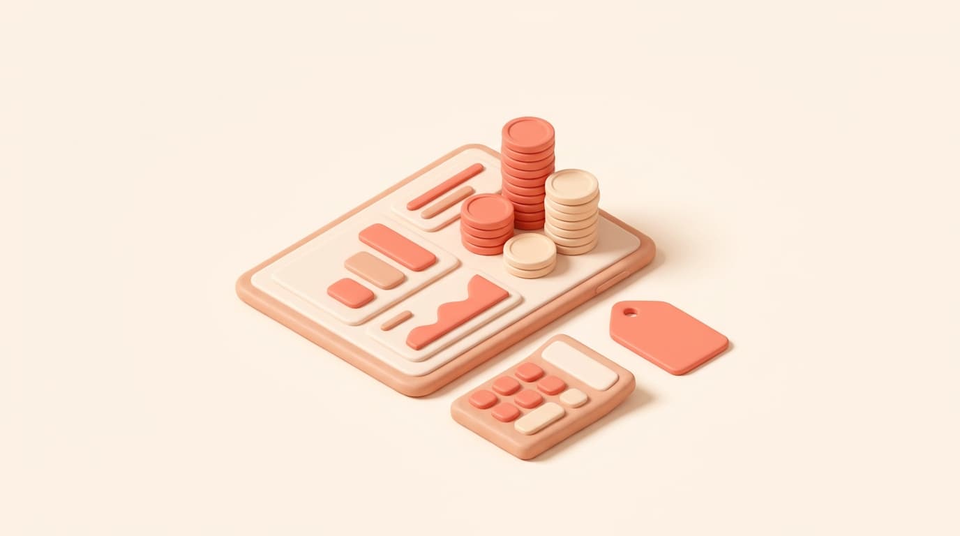 Scena 3D isometrica in coral e cream che illustra quanto costa un gestionale ristorante: tablet, monete e moduli software impilati, senza testo