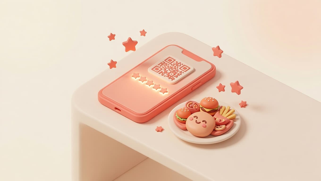 Illustrazione 3D soft isometrica di una scheda recensioni Google ristorante con stelle dorate fluttuanti, smartphone e QR code, palette pastello