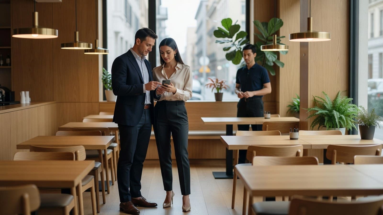 Sala di un ristorante italiano contemporaneo, luce naturale e legno chiaro: una coppia legge sul telefono le recensioni online ristoranti prima di sedersi
