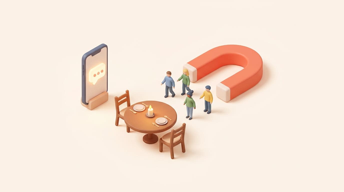 Scena 3D isometrica in coral e cream sul tema far tornare i clienti che non tornano: una calamita coral che richiama piccole figure di clienti verso un tavolo accogliente, telefono con bolla chat, senza testo