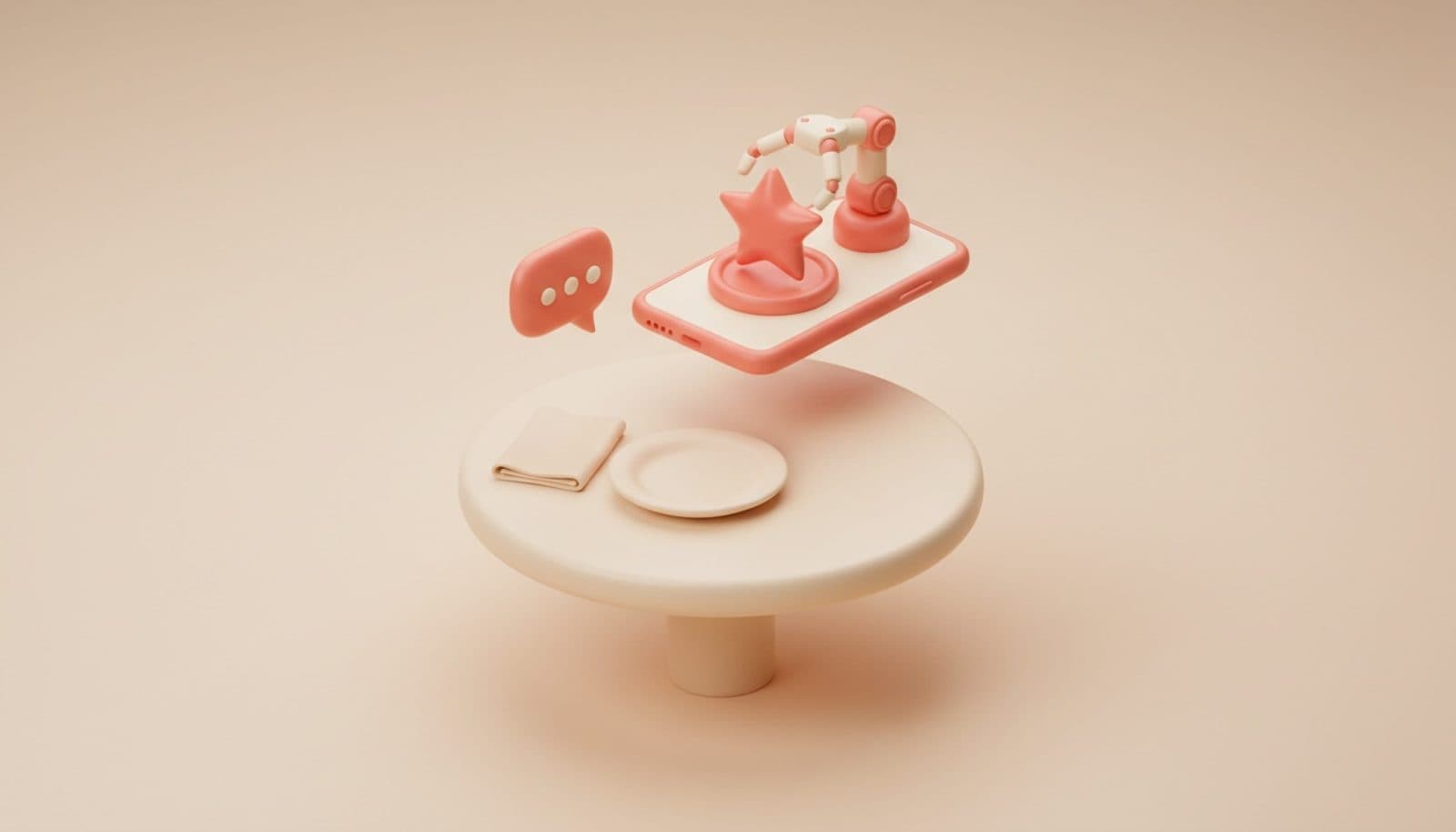 Illustrazione 3D isometrica soft sulla richiesta recensioni al ristorante: tavolo a fine pasto con piatto vuoto, smartphone corallo sospeso e un braccio robotico che posa una stella lucida, palette coral e crema
