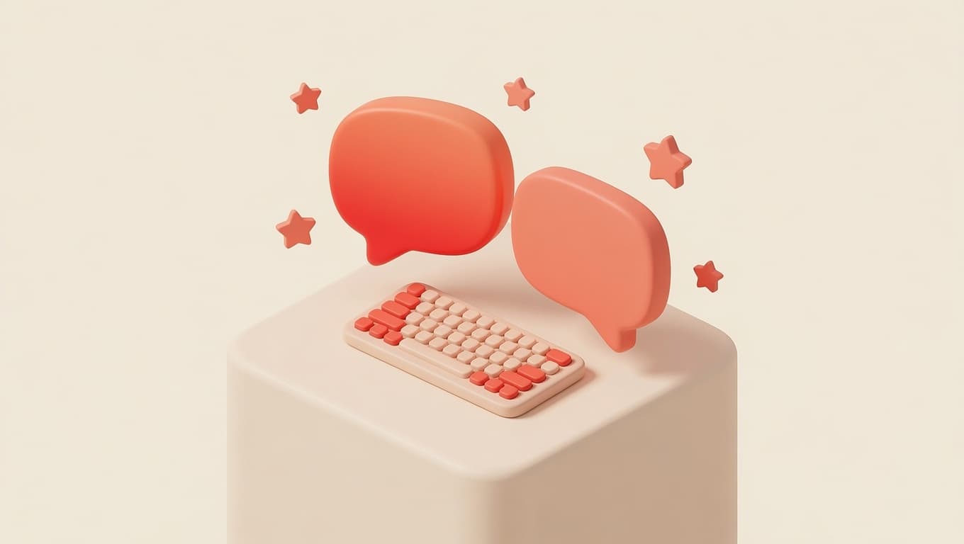 Illustrazione 3D soft isometrica di un ristoratore che risponde con calma a una recensione negativa su uno smartphone, con stelle e fumetti di chat in tonalità tenui
