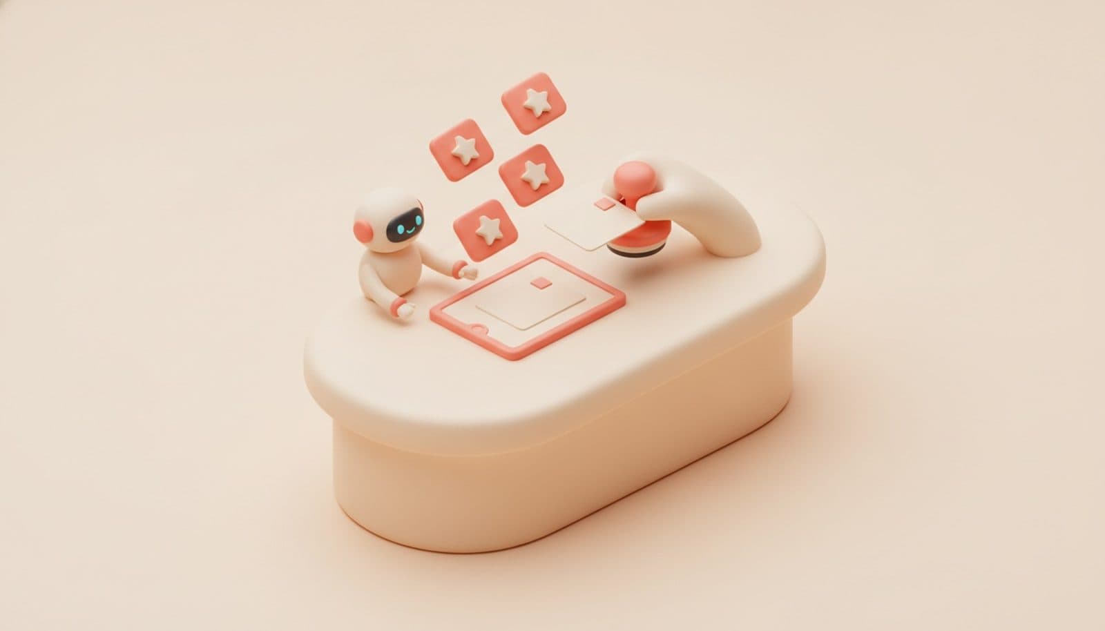 Illustrazione 3D isometrica soft sulle risposte automatiche alle recensioni: schede con stelle sospese sopra un tablet, robottino che porge la bozza e una mano che appone il timbro di approvazione, palette coral e crema