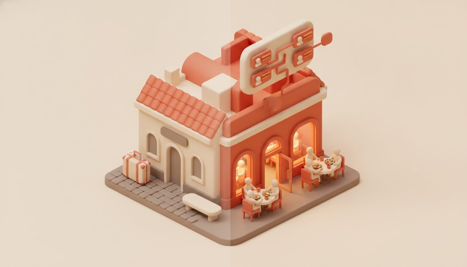 Illustrazione 3D isometrica soft sul ristorante con calo del turismo: lato turistico della via spento con valigia e panchina vuota, ristorante illuminato e pieno di clienti locali, scheda con i contatti dei clienti, palette coral e crema