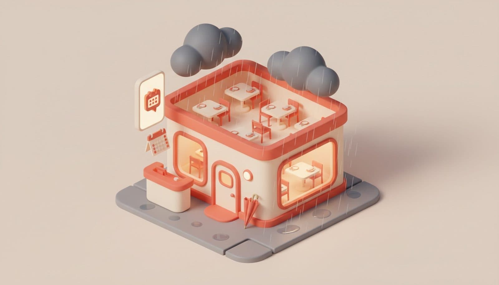 Illustrazione 3D isometrica soft sulle prenotazioni del ristorante col maltempo: pioggia sul tetto del locale, ombrello all'ingresso, sala con tavoli vuoti e smartphone che mostra messaggio e calendario, palette coral e crema