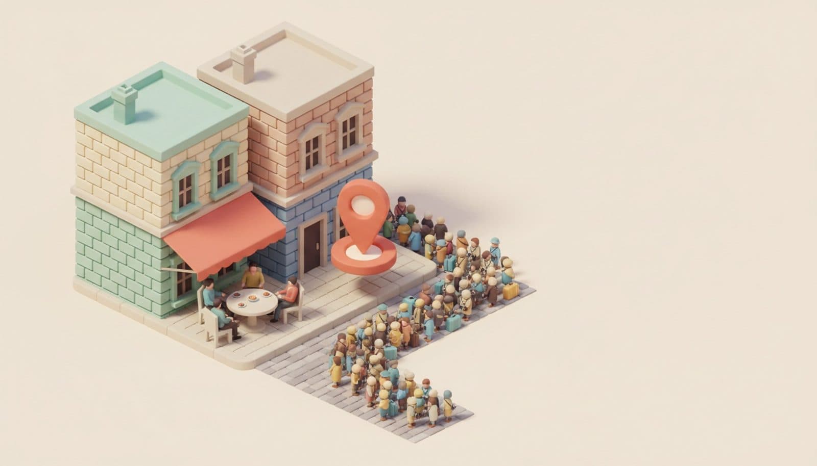 Illustrazione 3D isometrica soft su ristorante e turismo urbano: un flusso di turisti con valigie che scorre lungo la strada davanti a un locale con tenda corallo, mentre pochi clienti locali restano seduti al tavolo esterno, palette coral e crema