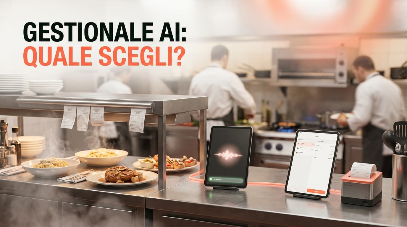 Illustrazione 3D isometrica soft del confronto tra due gestionali AI per ristoranti: un tablet con agente vocale e chat WhatsApp accanto a un tablet con cassa e scontrino fiscale, icone di calendario e posate che fluttuano, palette coral e crema