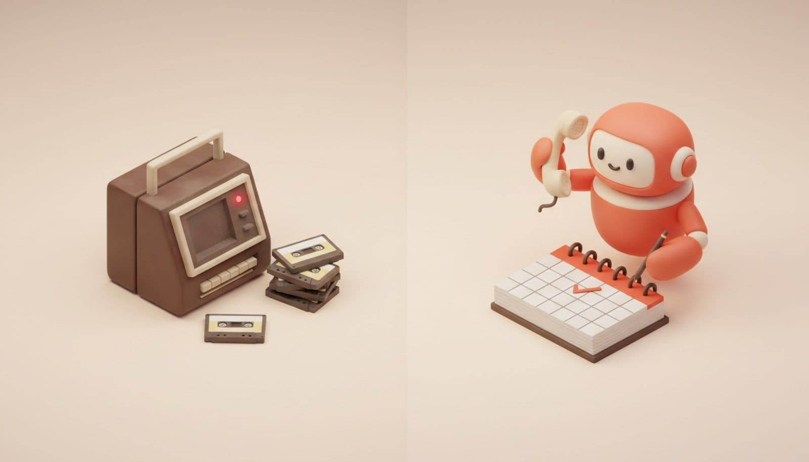 Illustrazione 3D isometrica soft sul confronto tra segreteria telefonica per ristorante e agente vocale AI: vecchia segreteria con spia accesa e cassette da un lato, robottino corallo con la cornetta che segna il calendario dall'altro, palette coral e crema