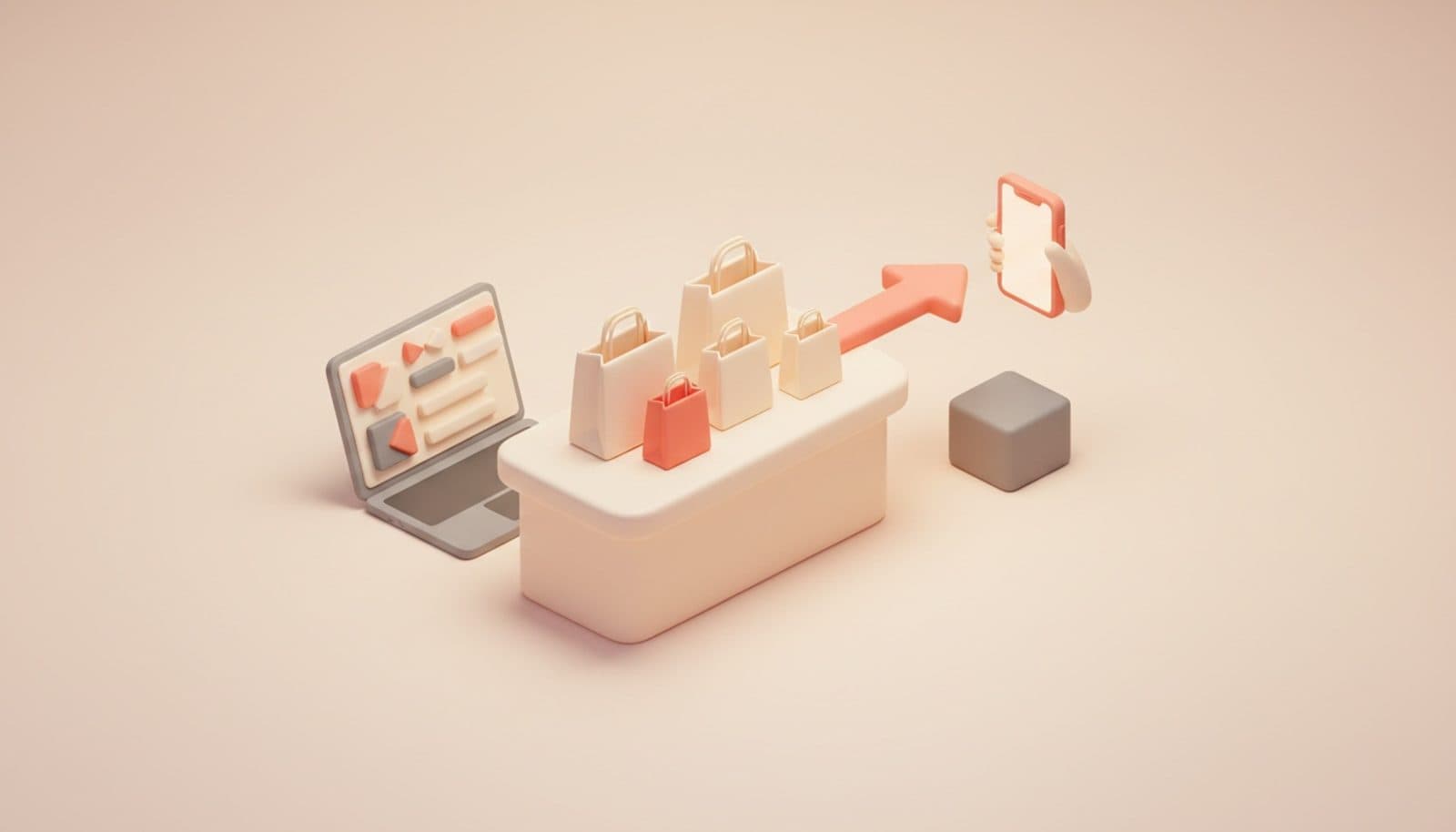 Illustrazione 3D isometrica soft di un sistema asporto ristorante proprietario: banco ritiro con sacchetti pronti, laptop col pannello ordini e freccia corallo che collega direttamente il telefono del cliente al locale
