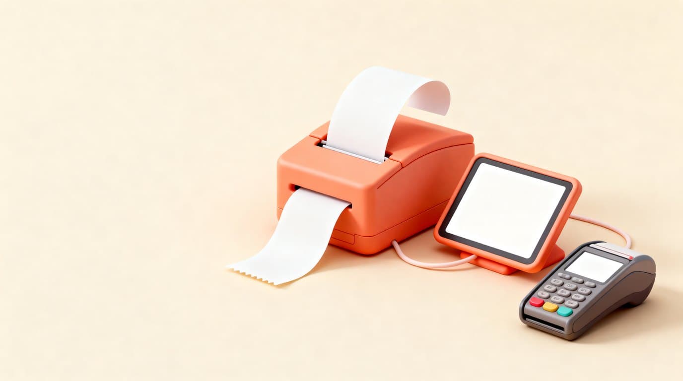 Software gestione cassa ristorante: illustrazione 3D isometrica di un registratore di cassa coral che stampa uno scontrino, accanto un tablet per le comande e un terminale di pagamento collegati da un cavo morbido