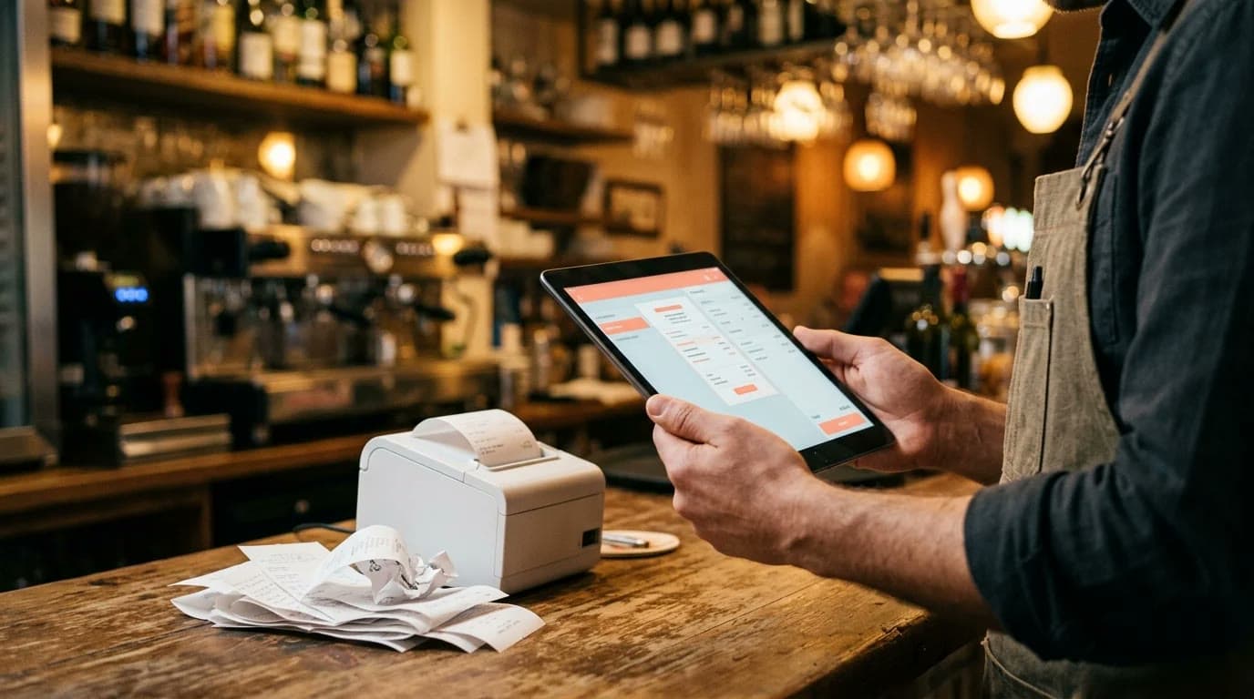 Cassa ristorante: illustrazione 3D isometrica di un registratore di cassa coral che stampa uno scontrino, accanto un tablet per le comande e un terminale di pagamento collegati da un cavo morbido