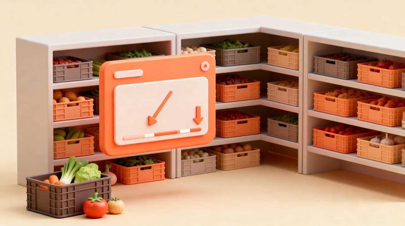Software gestione magazzino ristorante: illustrazione 3D isometrica di scaffali di dispensa con casse di verdure e ingredienti e un pannello coral in primo piano con indicatore di scorta e freccia che scala le quantità