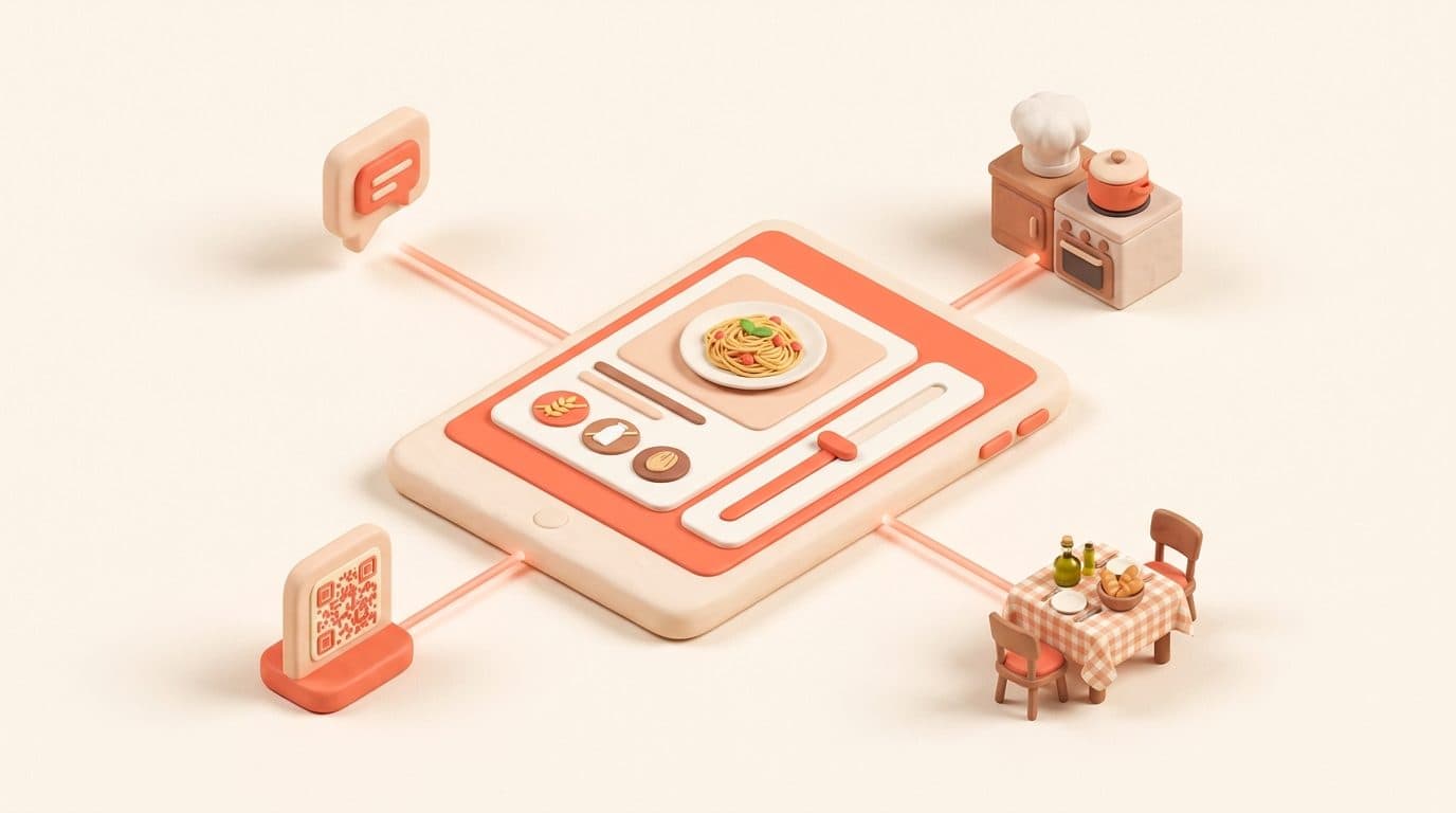 Illustrazione 3D isometrica soft di un software per ristoranti con menù digitale, allergeni e food cost in un unico posto: scheda piatto su tablet con prezzo, etichette allergeni e percentuale di margine, palette coral e crema