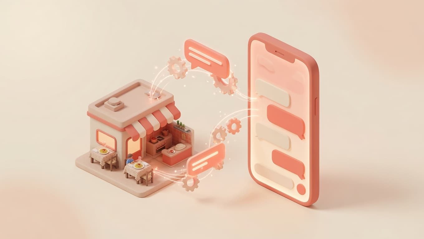 WhatsApp Business API per ristorante: smartphone con chat WhatsApp collegato alla sala tramite ingranaggi di automazione, illustrazione 3D isometrica