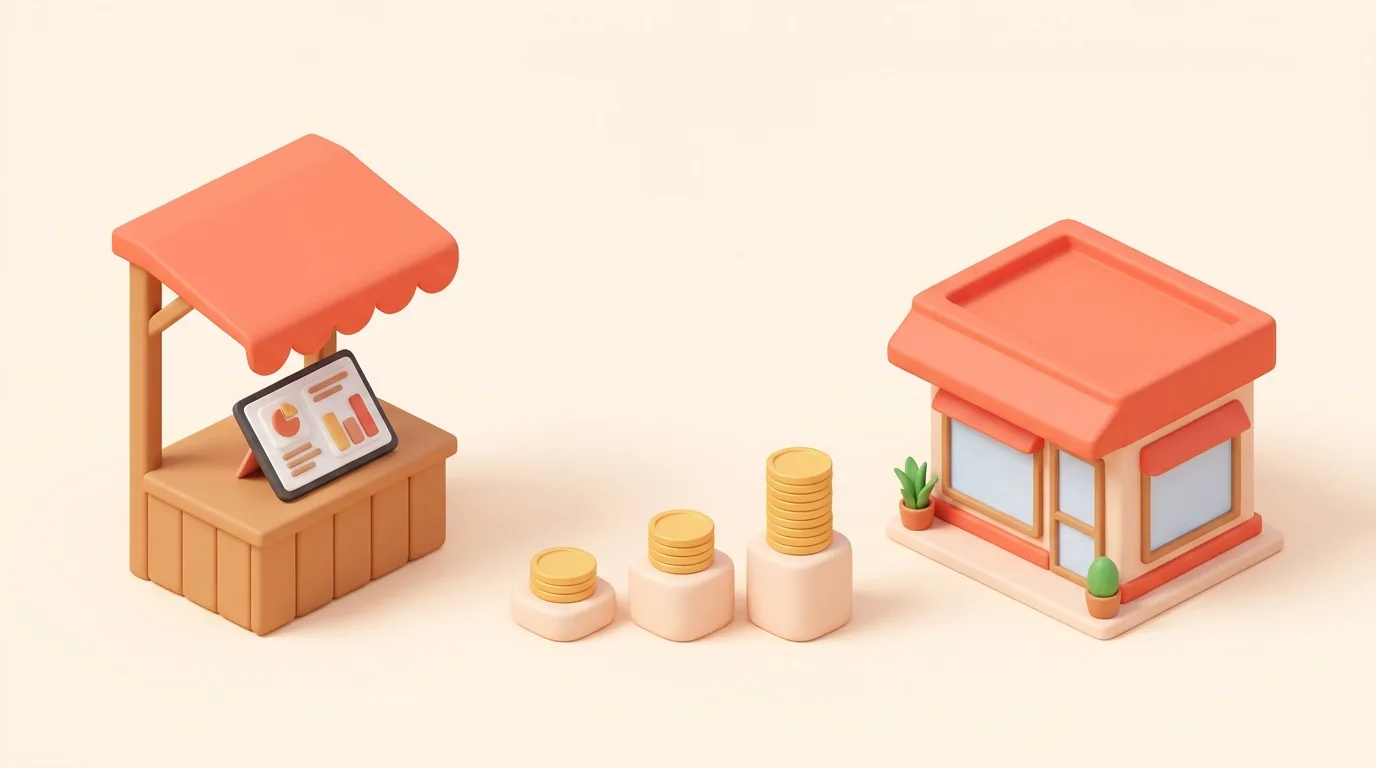 Illustrazione 3D soft: espositore a cielo aperto con tre pile di monete crescenti accanto alla facciata di un piccolo ristorante, il listino visibile a tutti