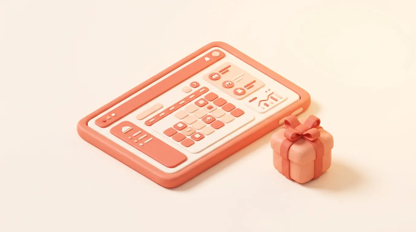 Illustrazione 3D soft: tablet con la dashboard del ristorante e calendario accanto a un pacchetto regalo con nastro, la prova gratuita self-service