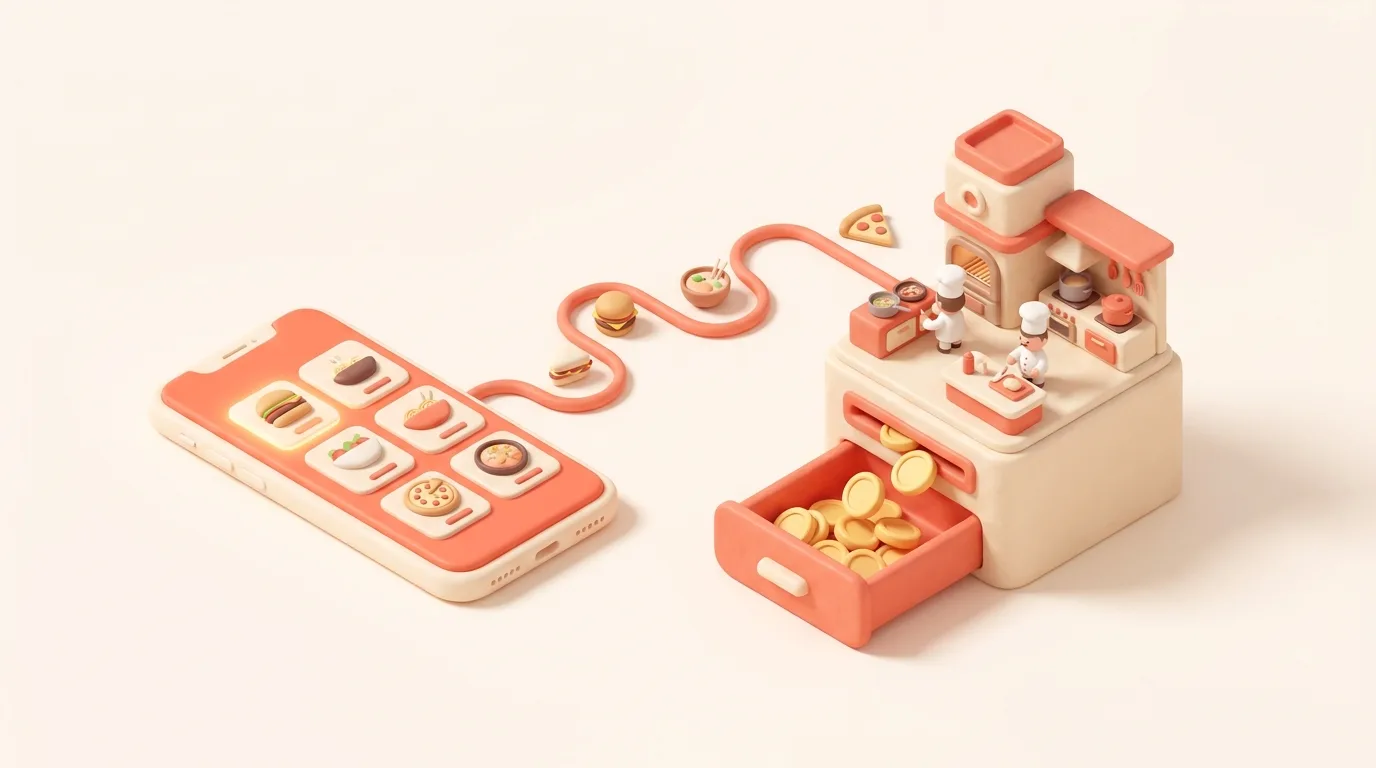 Illustrazione 3D soft: smartphone con menù che manda l'ordine dritto nella cucina del ristorante, monete che cadono nel cassetto corallo del locale