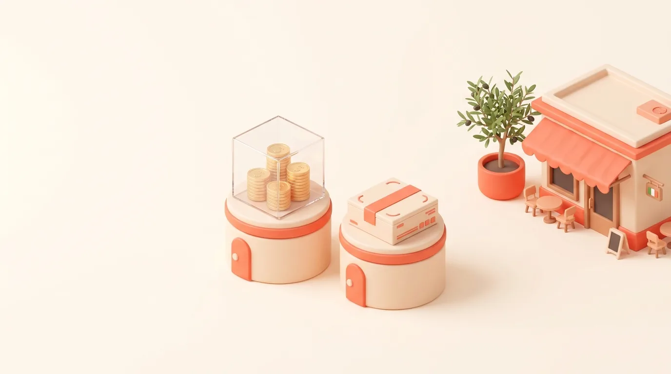 Illustrazione 3D isometrica soft sull'alternativa a Cooperto: due piedistalli, uno con teca trasparente piena di monete in vista e uno con scatola chiusa, accanto a un ristorante italiano con ulivo, toni coral e crema