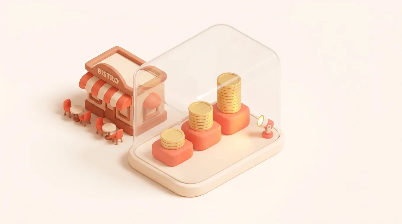 Illustrazione 3D soft: teca trasparente con tre pile di monete crescenti su piedistalli morbidi accanto a un piccolo bistrot, i prezzi in piena vista
