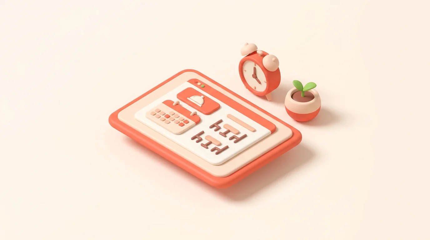 Illustrazione 3D soft: tablet con la schermata prenotazioni del ristorante, sveglia e piantina che germoglia, si parte oggi