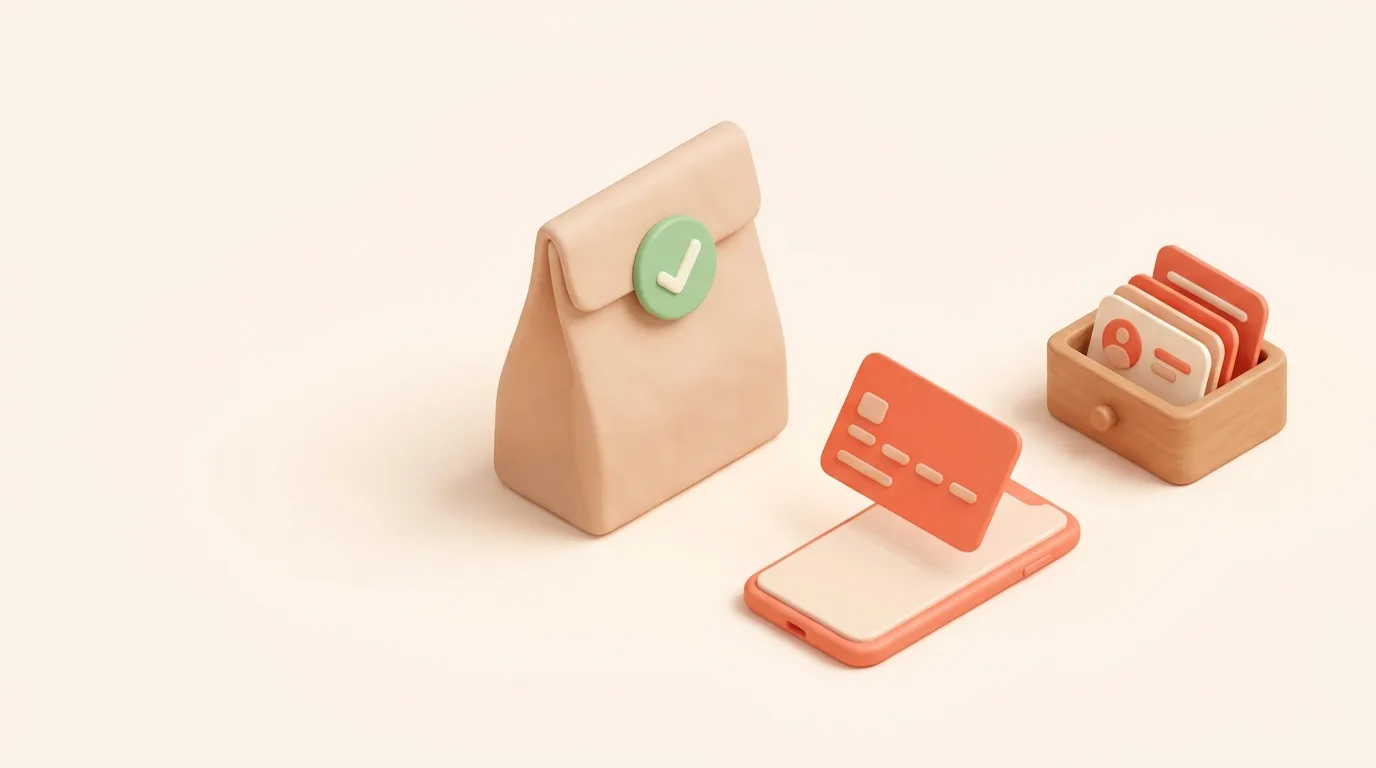 Illustrazione 3D soft: sacchetto d'asporto con spunta verde, carta di pagamento sopra lo smartphone e cassettino con le schede dei clienti