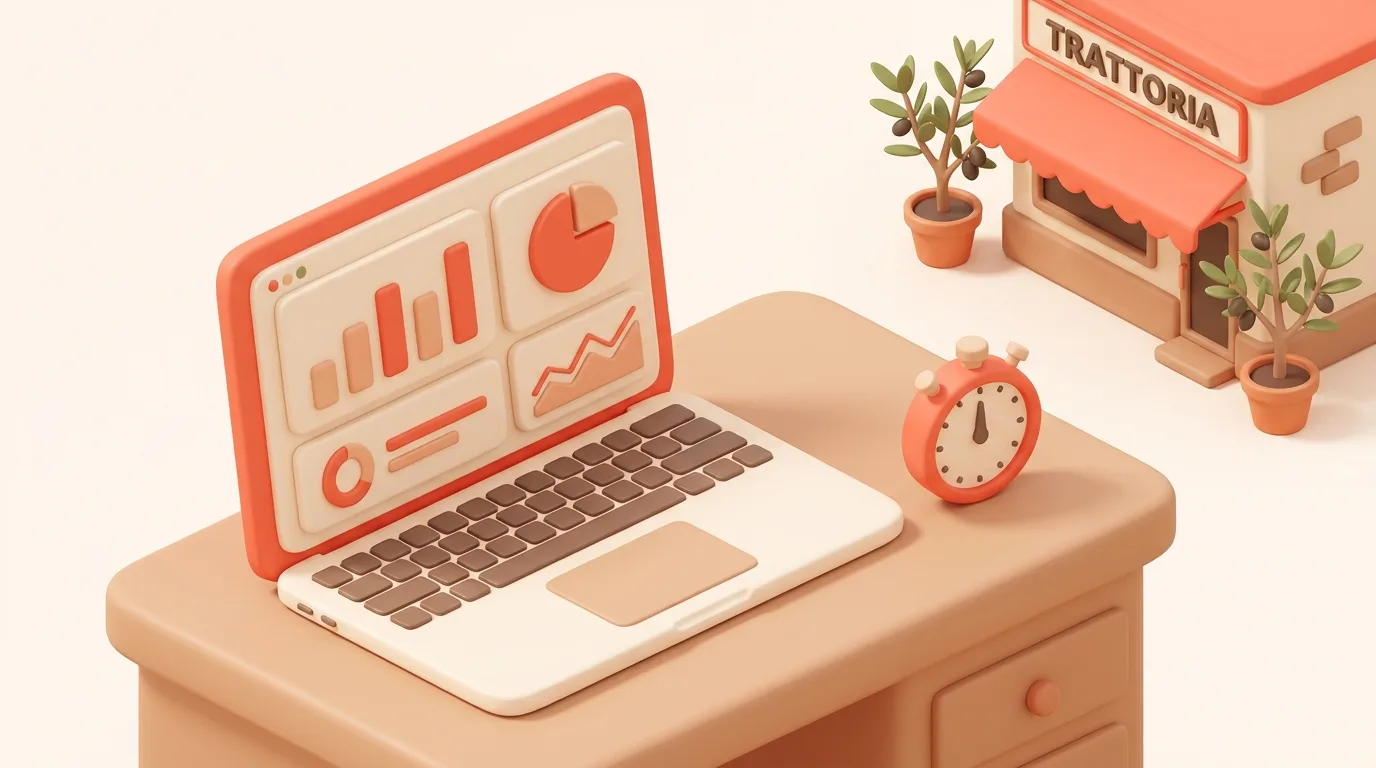 Illustrazione 3D isometrica soft sull'alternativa a Pienissimo Pro: scrivania con laptop aperto su una dashboard chiara e cronometro, trattoria con tenda corallo e ulivi sullo sfondo, toni coral e crema