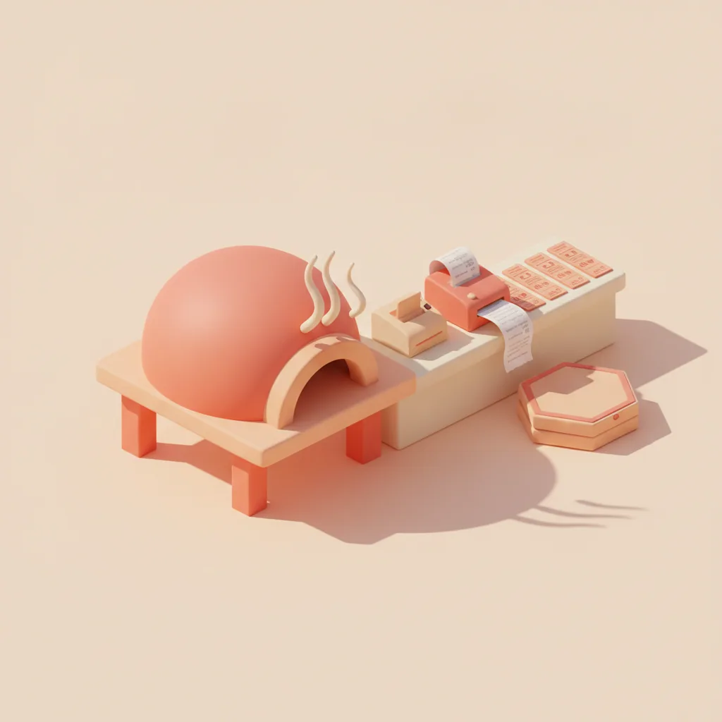 Illustrazione 3D isometrica soft a tema gestionale pizzeria, toni coral e crema