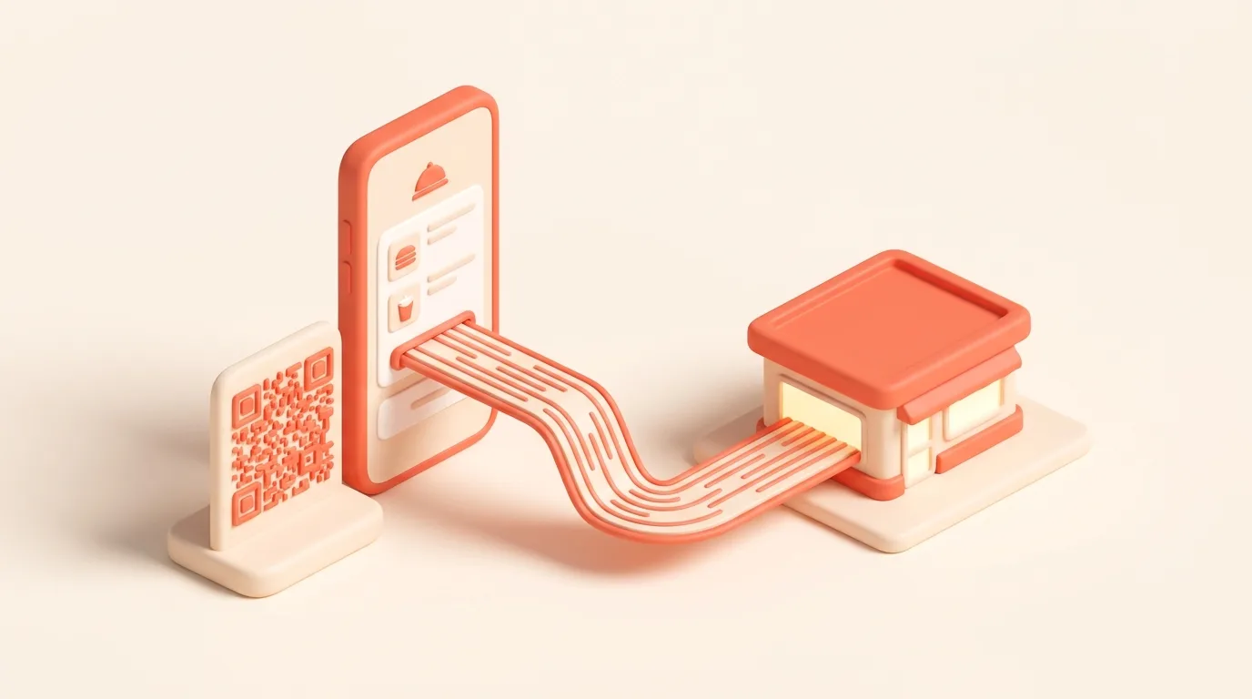 Illustrazione 3D soft: smartphone con QR code e menù digitale, l'ordine fluisce dritto dal telefono al ristorante senza intermediari