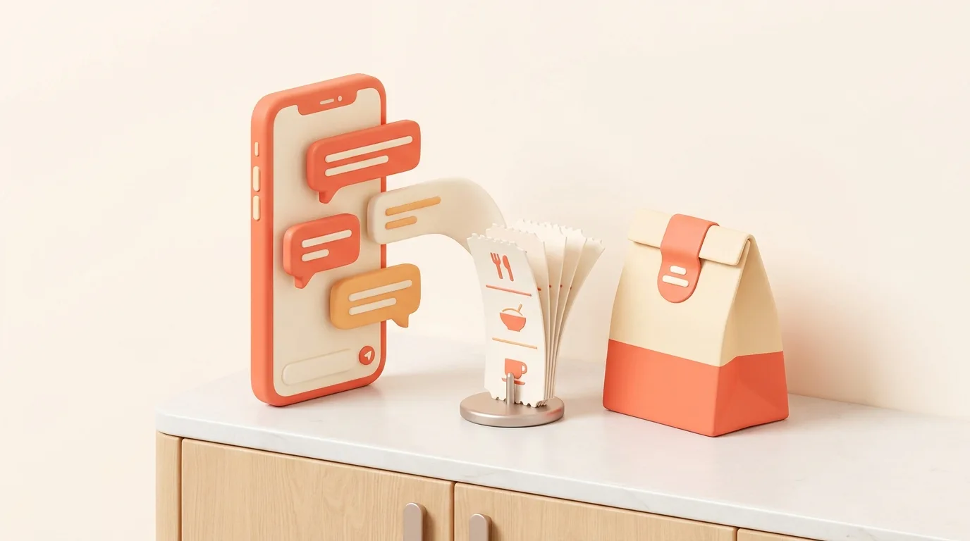 Illustrazione 3D soft: chat su smartphone le cui bolle di messaggio diventano una comanda ordinata sul bancone, con sacchetto d'asporto