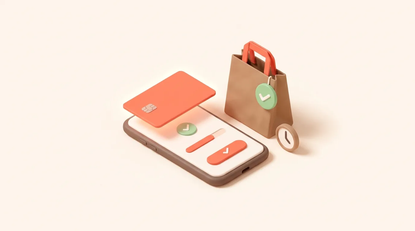 Illustrazione 3D soft: smartphone in fase di pagamento con carta, sacchetto d'asporto pagato con spunta verde e orologio dell'orario di ritiro