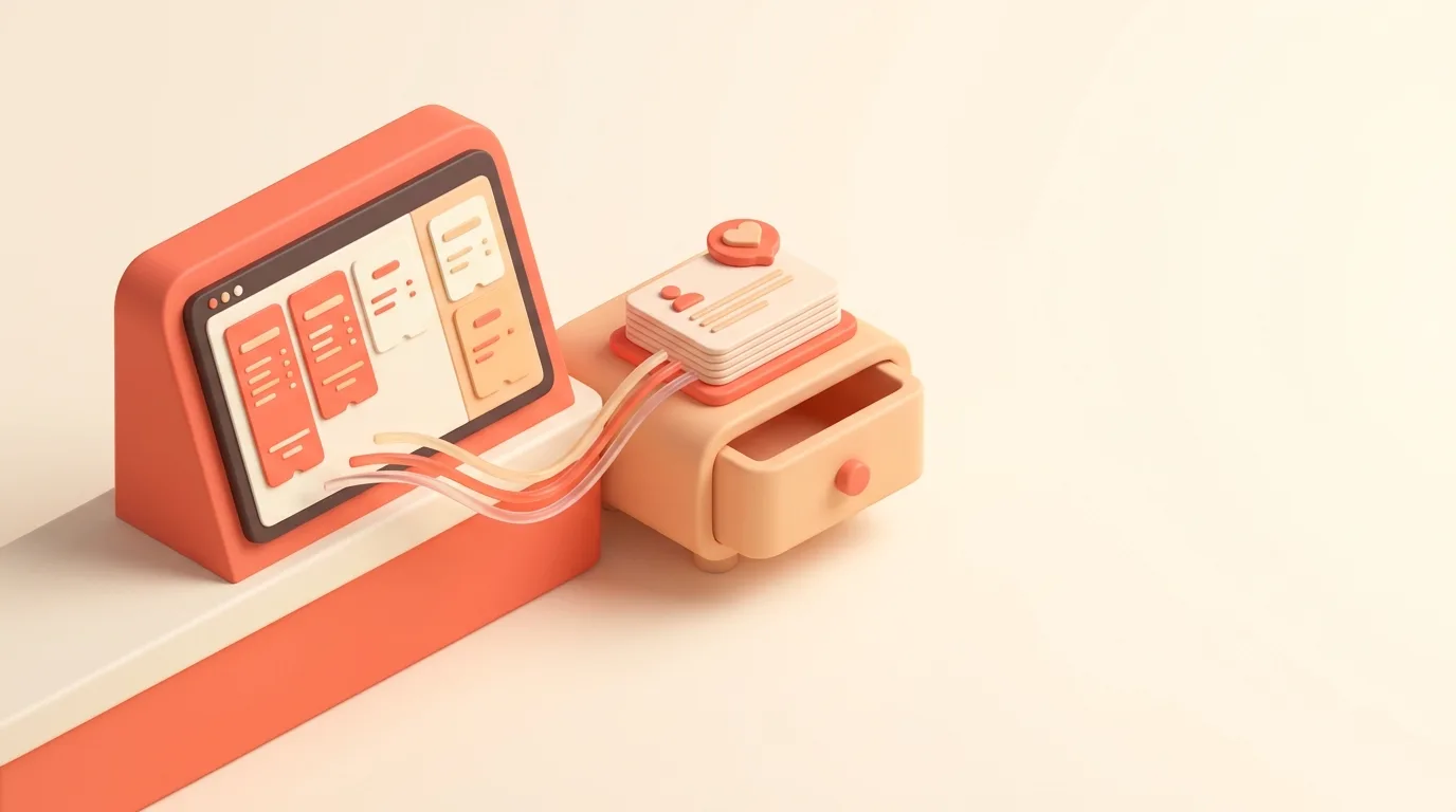 Illustrazione 3D soft: schermo di cucina con coda ordini collegato a un cassetto di schede clienti, linee morbide che uniscono i due