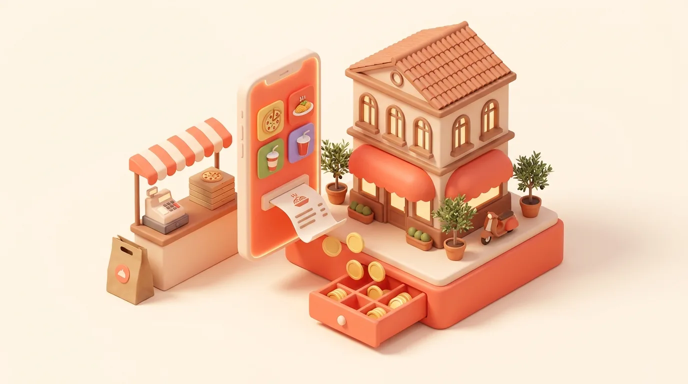 Illustrazione 3D isometrica soft sugli ordini online per il ristorante senza commissioni: smartphone con menù che emette un ordine, monete che cadono nel cassetto del locale, sacchetto d'asporto e ristorante italiano, toni coral e crema
