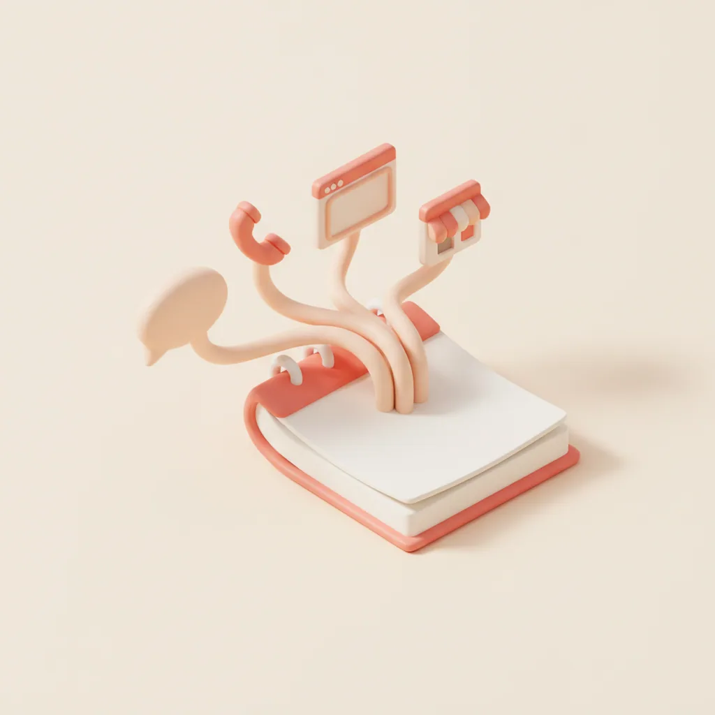 Illustrazione 3D soft: un'agenda con i canali (chat, telefono, sito, portale) che confluiscono in un unico calendario