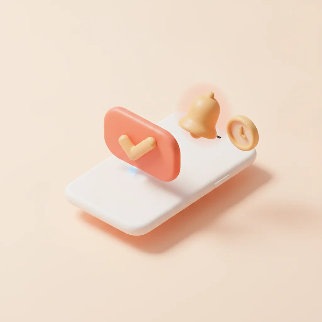 Illustrazione 3D soft: smartphone con messaggio di conferma spuntato, campanella e orologio del reminder automatico