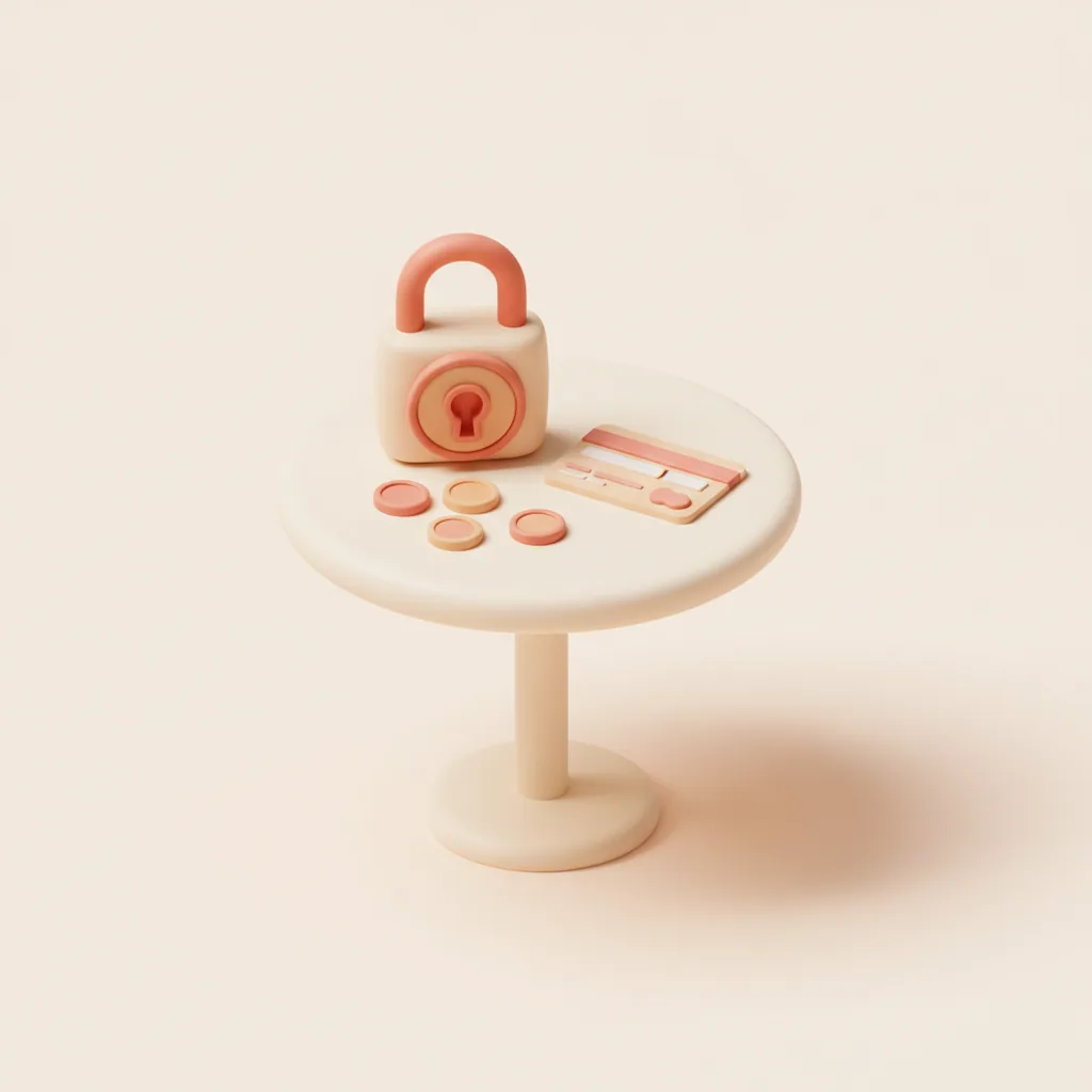 Illustrazione 3D soft: un tavolo di ristorante con lucchetto, carta e monete, a rappresentare la caparra che garantisce la prenotazione